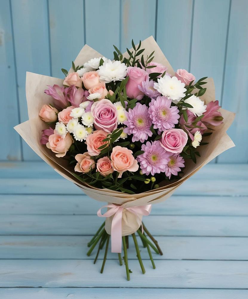 Букет цветов из: Хризантемы, Розы и Альстромерии в Шаховской