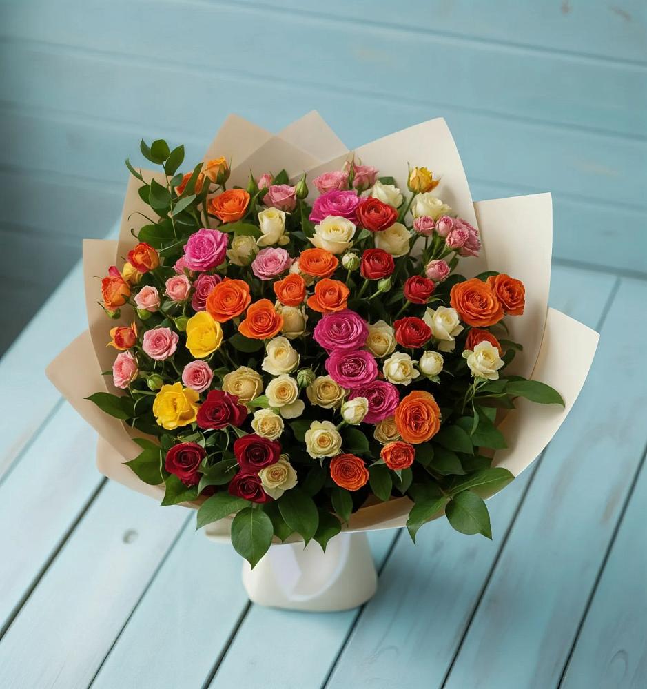 Букет Микс из разноцветных кустовых роз в Шаховской