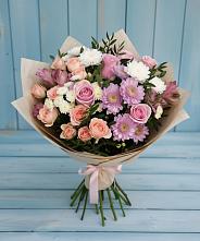 Букет цветов из:  Хризантемы, Розы и Альстромерии в Шаховской