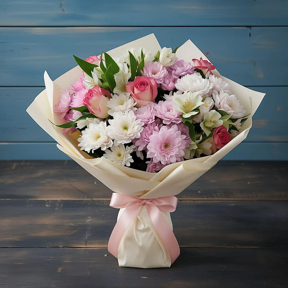 Букет цветов из: Хризантемы, Альстромерии и Розы в Шаховской